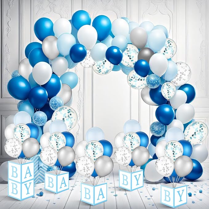 6 Sets Blue Boy Baby Shower Table Centerpiece with Paper Letter Boxes, Stand, Blue and White Balloon DIY Baby Shower Party Table Decor Kit for Boy 1st Birthday Gender Reveal Party Supplies