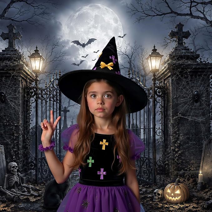 10x8ft Halloween Backdrop Spooky Cemetery Castle Full Moon Pumpkin Black Cat Skeleton Photography Background, Horror Fall Party Decor Photo Booth Props, Kids Birthday Studio Wall Decor Banner