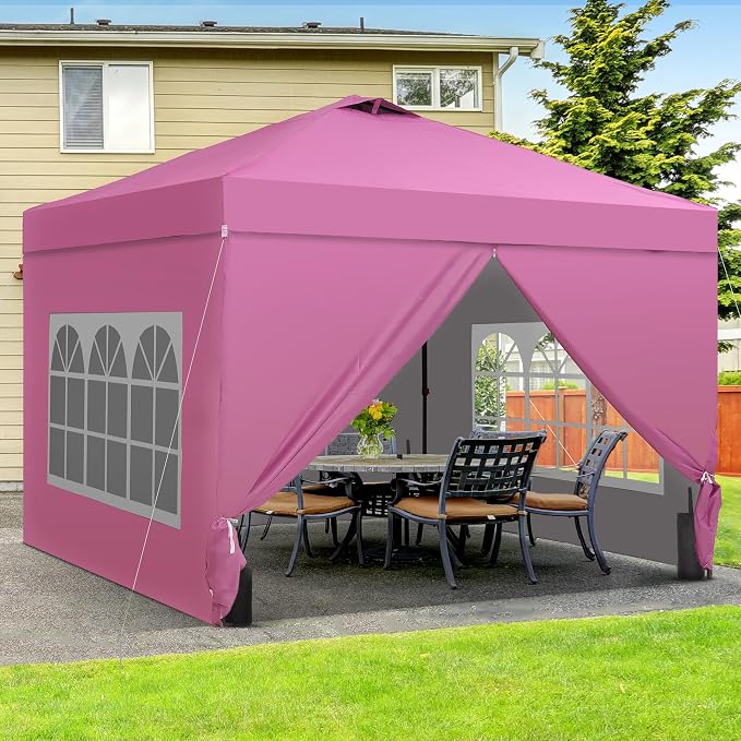 GDY 12x12 Pop Up Canopy Tent with 4 Sidewalls, Easy Set up with One Push Lift Gazebo with Wheel Bag and4 Sandbags,Carpas for Events, Parties,Camping, Pink.