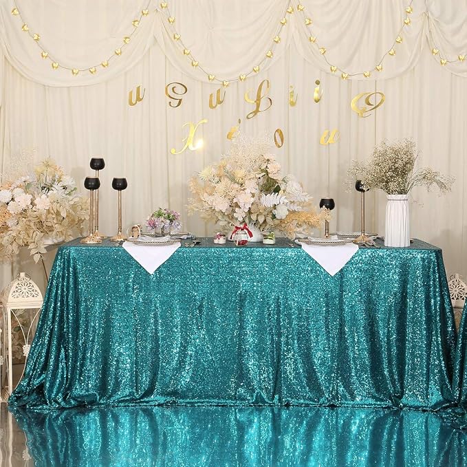 Eternal Beauty Teal Tablecloth, 50x50 Inch Sequin Square Table Cover for Cake Dessert Exhibition Party Birthday Events