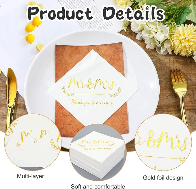 200 Pack Gold Foil Mr and Mrs Wedding Cocktail Napkins for Wedding Party Reception Dessert Cake Table Decorations Welcome to Our Beginning Disposable Napkins