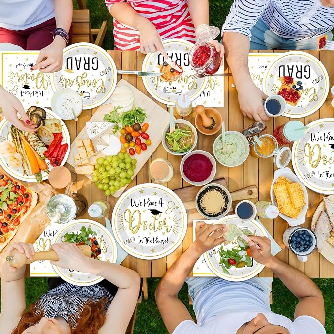 96Pcs Doctor Graduation Party Supplies We Have A Doctor in The House Paper Plates and Napkins Nurse Congrats Gad Tableware Disposable Dessert Dinnerware for PHD Medical School Grad Decor for 24 Guests