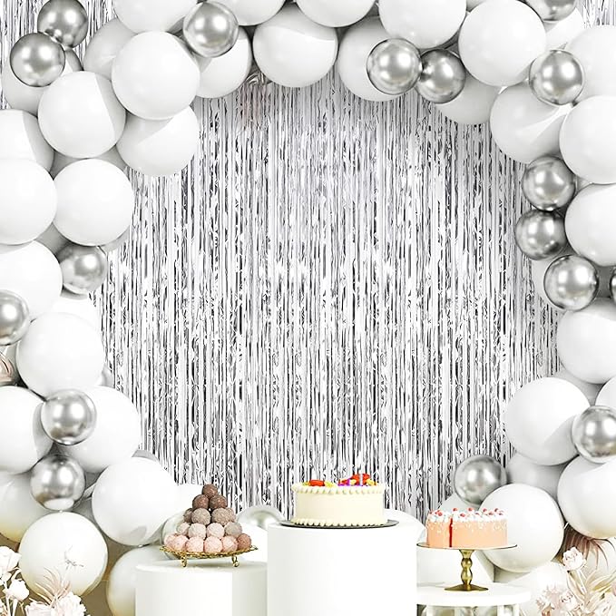 100 Pack Silver Foil Fringe Backdrop Curtains 3.2ft x 8.2ft Silver Tinsel Foil Fringe Curtains for Birthday Party Decorations Photo Booth Backdrop for Halloween Christmas New Year Holiday Decorations