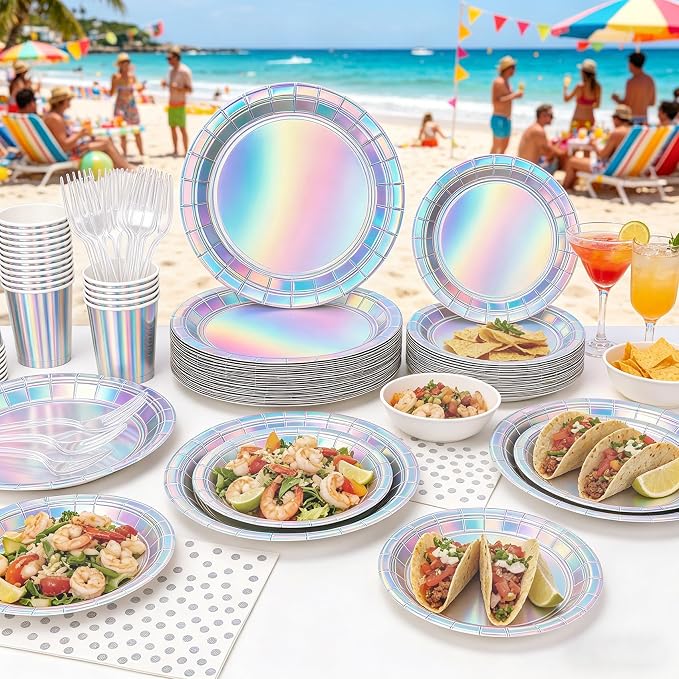 250Pcs Iridescent Plates and Napkins Party Supplies Set for 50 Guests, Disposable 9’’ and 7'' Holographic Silver Paper Plates ,Cups, Forks, Napkins Tableware for Mermaid, Birthday Party Decorations