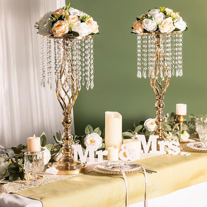 2pcs Gold Metal Flower Vases Crystal Flower Stand Wedding Centerpieces for Tables Party Dinner Event Restaurant Hotel Decoration