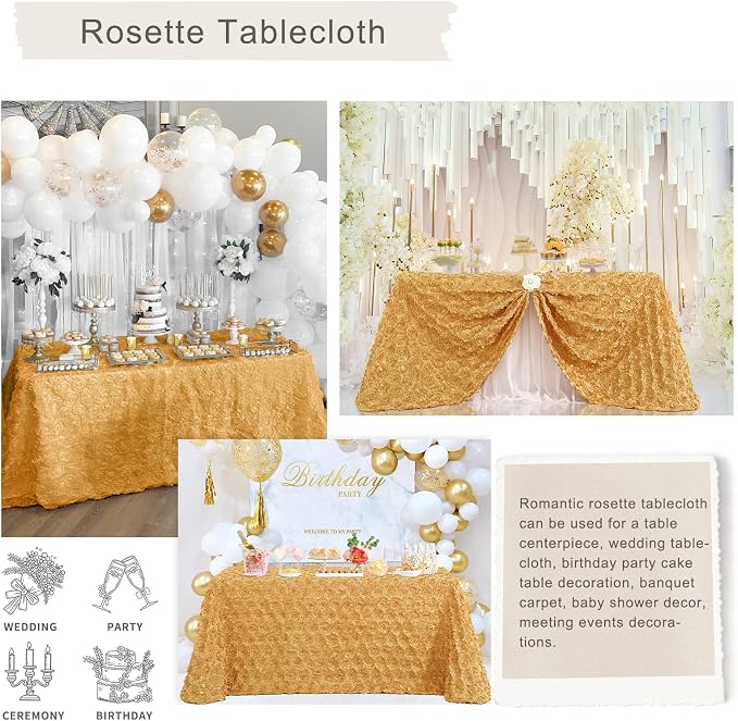 Fanqisi Gold Rosettes Tablecloth 50x80 Inches Gold Satin Table Cover for Party Wedding Baby Shower Event Table Decoration