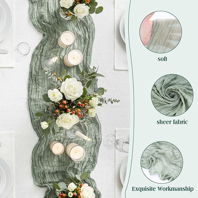LemonRoad 1 Pcs 20ft Cheesecloth Table Runners Extra Long Boho Rustic Gauze Fabric Cheese Cloth Runner for Wedding Decorations Baby Shower Party Supplies Boho Table Bridal Shower Decor (Sage Green)