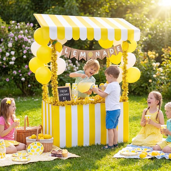 7 Pcs Lemonade Stand Supplies Lemonade Bar Party Decorations with 1 Set Plastic Stand 1 Yellow and White Striped Sunshade Cloth 4 Yellow Tinsel 1 Banner Sign for Outdoors Summer Party Supplies