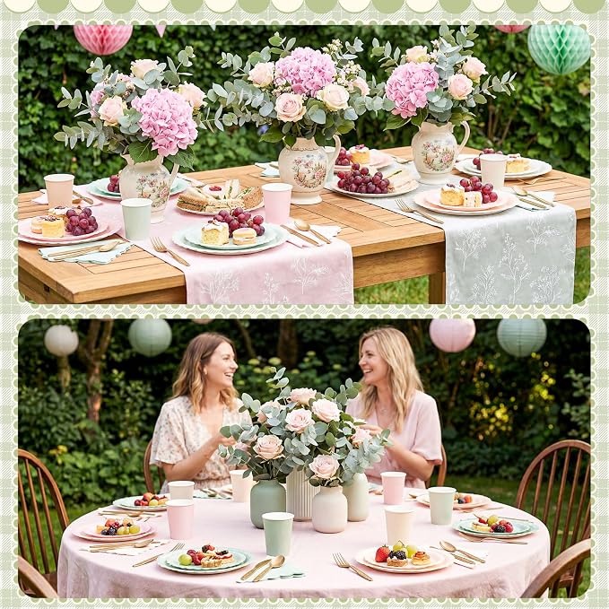 Zhehao 350 Pcs Sage and Pink Party Plates and Napkins Pink and Green Disposable Tableware Kit with Plates, Cups, Napkins, Cutlery for Baby Shower, Birthday, Wedding Party Supplies