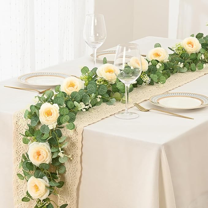 Dolicer 4Pcs 26Ft Artificial Eucalyptus Garlands with Flowers, Faux Floral Greenery Garlands Fake Flowers Vines for Wedding Centerpieces Arch Party Ceremony Backdrop Decor (Champagne)