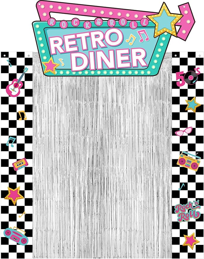Peryiter 5 Pcs 1950s Party Decorations Rock and Roll Party Decorations Retro Diner Welcome Arch, Silver Foil Fringe Curtain and Double Sided Tape for 1950s Theme Backdrop