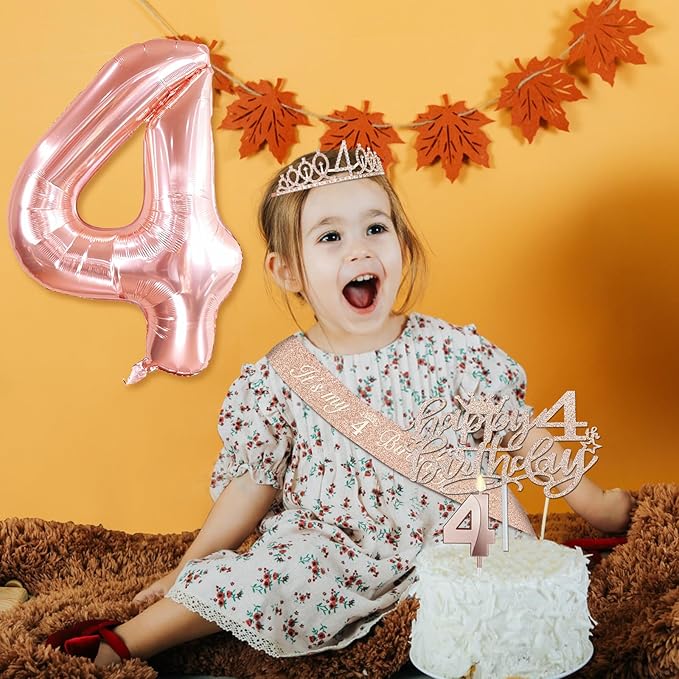 4th Birthday Decorations for Girls, Including 4th Birthday Sash and Tiara, Cake Topper and Candle, Number Balloon, 4 Year Old Gifts for Girls