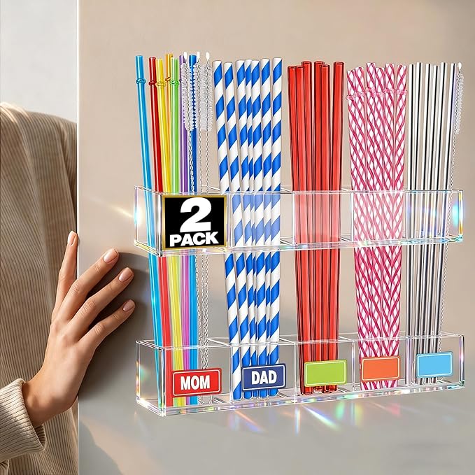 Aheroi 2 Pack Straw Holder, 9.5” Large Acrylic Straw Holder for Cabinet Door with 40pcs Label Stickers &15pcs Adhesive Tape, Reusable Sign Holders Organizer for Kitchen Accessories Storage