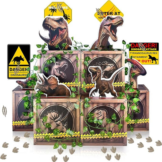 Dinosaur Party Decorations Set – 6 Dino Boxes with 3D Toppers, 4 Signs, 2 Vines, Caution Tape & 40 Footprint Stickers – Dino Birthday Supplies, Baby Shower & Jurassic Room Decor