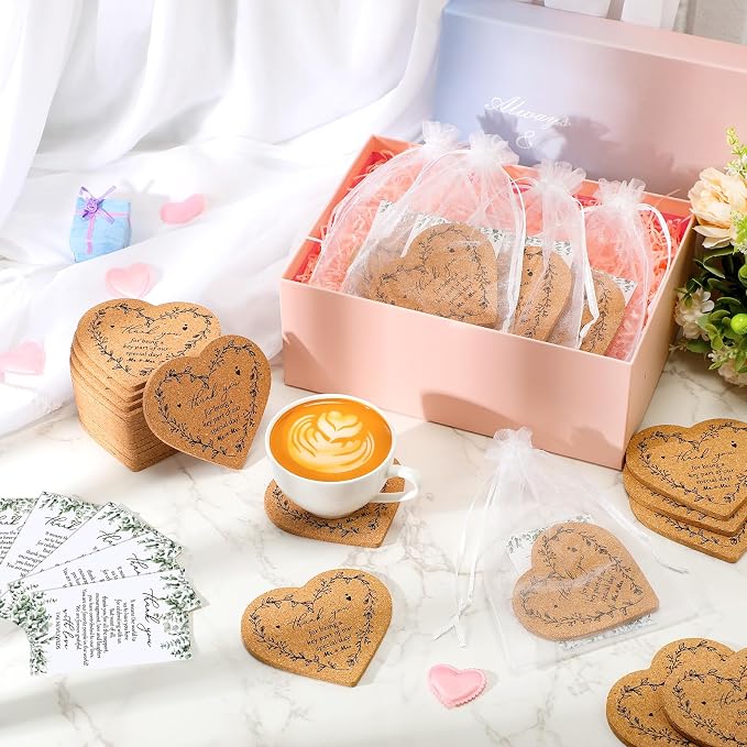 25 Sets Rustic Wedding Favor Coasters, Heart Cork Coasters for Guests, Mr & Mrs Coaster Favors with Thank You Cards & Organza Bags, Bridal Shower Party