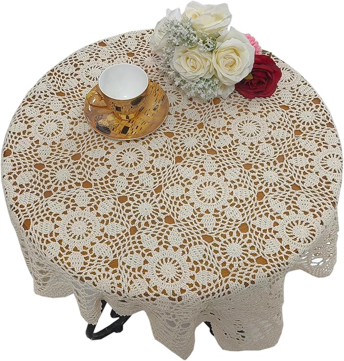 USTIDE 100% Cotton Handmade Crochet Square Tablecloth Beige Doilies Lace Table Covers 31.5 Inch