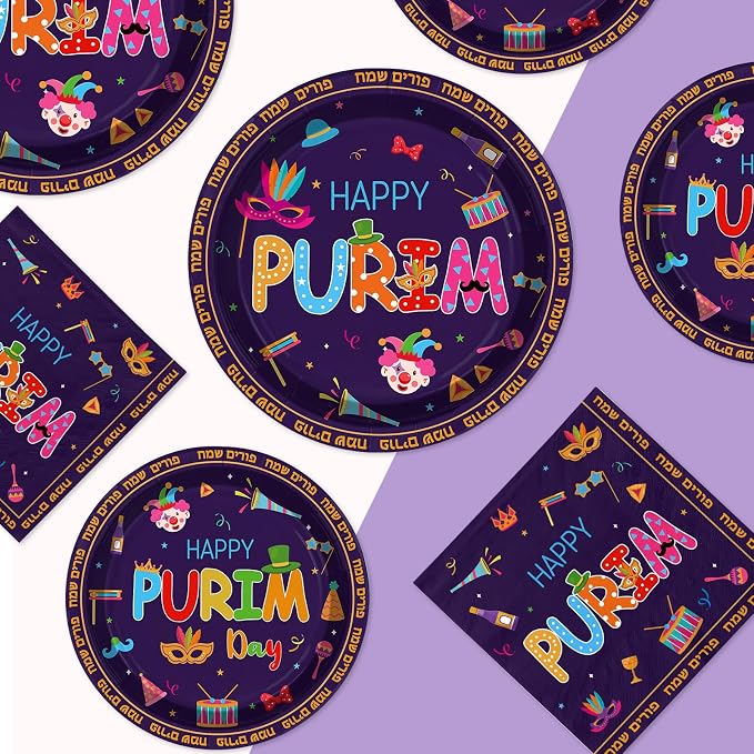 200Pcs Happy Purim Party Decoration Jewish Purim Plates and Napkins Circus Clown Hat Elements Disposable Paper Tableware Set for Jewish Carnival Holiday Festival Party Supplies Serves 50