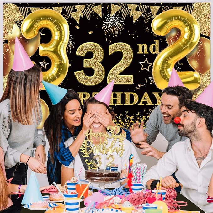 32nd Birthday Decorations Men Women with 32nd Birthday Banner, Black and Gold Table Cloth, Number Balloons, Large Sash, Cake Topper and Candles