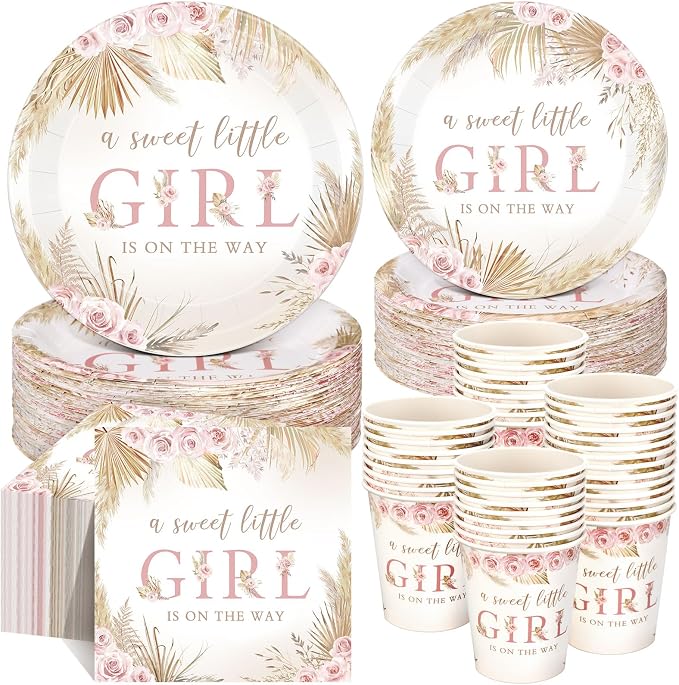Funnymoom 250 Pcs Boho Baby Shower Decorations for Girls Pink Floral Baby Shower Plates Napkins and Cups a Sweet Little Girl Is on the Way Pink Flower Spring Birthday Party Supplies, Serve 50 Guests