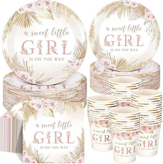 Funnymoom 250 Pcs Boho Baby Shower Decorations for Girls Pink Floral Baby Shower Plates Napkins and Cups a Sweet Little Girl Is on the Way Pink Flower Spring Birthday Party Supplies, Serve 50 Guests