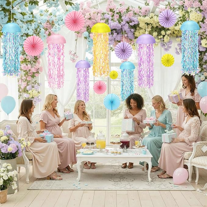 16 Pcs Hanging Jellyfish Paper Lantern Set Includes Jellyfish Lantern Paper Folding Fan Bubble for Mermaid Birthday Sea Ocean Theme Parties Classroom Decorations (Macaron Colors)