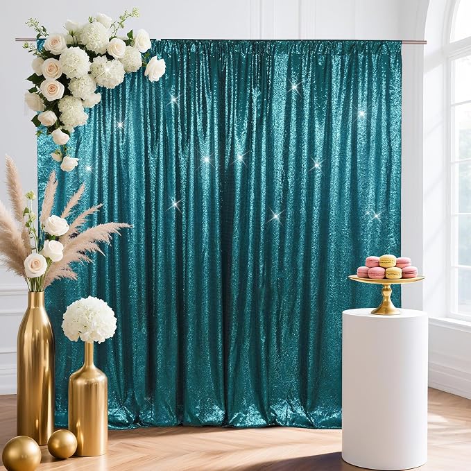 SquarePie 10x10ft Teal Sequin Backdrop for Photography, Satin-Backed Real Sequin Curtain, Enhanced Coverage Shimmering Background with 4" Rod Pocket for Wedding, Birthday, Party Decor, 1 Panel