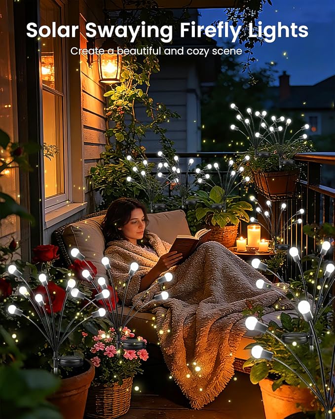 OZS 12 Pack Total 96 LED Solar Garden Lights Fairy Outdoor - Solar Firefly Lights Outdoor, Sway by Wind, Waterproof for Garden Patio Pathway Fairy Decoration (Cool White)