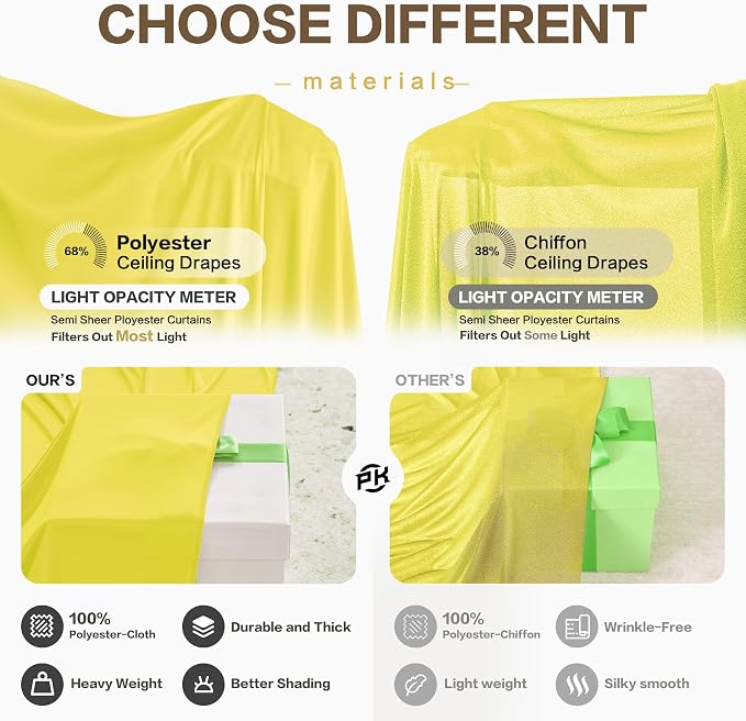 10ftx40ft Light Yellow Ceiling Curtain for Wedding Parties – 2 Panels Wrinkle-Free 40 FT Long Tent Draping Curtains for Wedding, Birthday & Theme Parties, 40ft Height with Rod Pocket