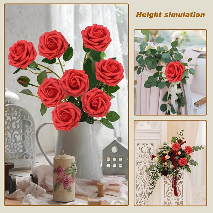 JOYLEX Artificial Flowers Realistic Roses, Real Looking Fake Roses with Stem for DIY Wedding Bouquets Centerpieces Bridal Shower Party Home Romantic Decorations (Red, Regular 3" - 200pcs)