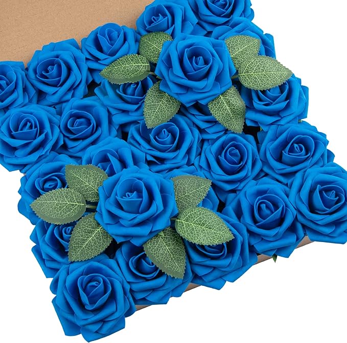DuHouse 25Pcs Artificial Roses Flowers Fake Roses with Stems Real Touch Foam Flowers for DIY Wedding Bouquet Centerpiece Floral Arrangement Party Home Decor(Royal Blue)