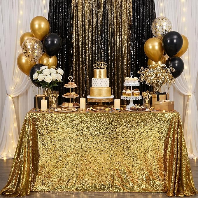 B-COOL Rectangle Sequin Tablecloth Party Decorations: 90x132 Inch Black Gold Table Cloth Large Glitter Fabric Overlay for Indoor Outdoor Dining Wedding Parties Home
