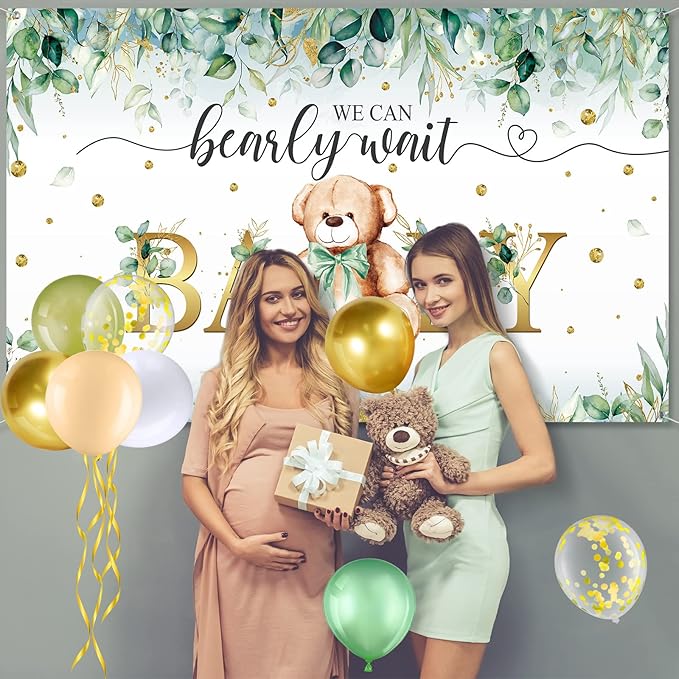 Breling 61 Pcs Bear Baby Shower Decorations Sage Green Bear Baby Party Decor Kit We Bearly Wait Backdrop Tablecloth Balloons Arch Bears Theme Party Supplies for Kids Birthday Shower