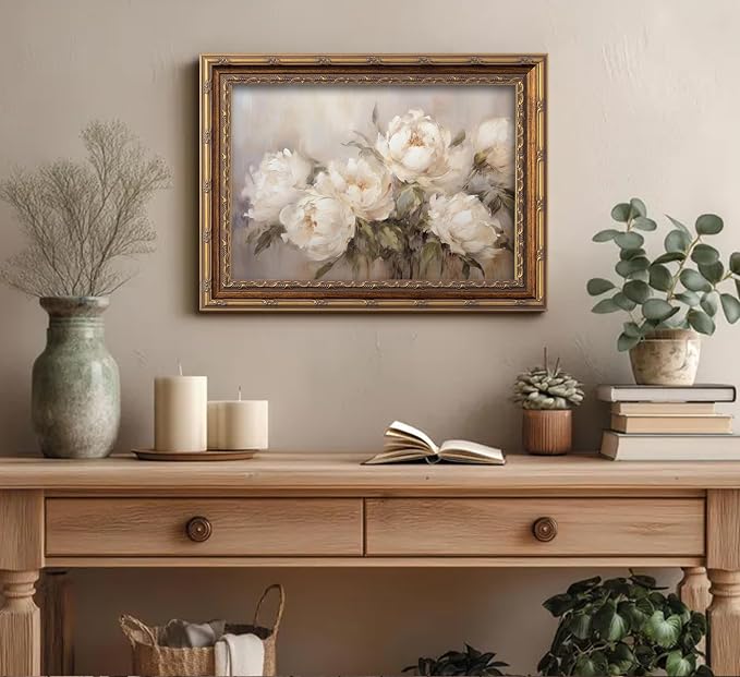 Vintage Gold Framed Vintage Flower Wall Art Retro White Floral Wall Decor Retro Peony Artwork Picture for Home Living Bedroom Farmhouse Hallway