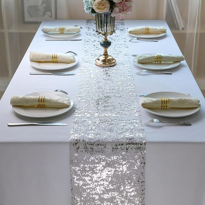 Snowkingdom Silver Table Runner, Sequin Glitter Foil Metallic Runner 11 Inch x 100 Feet, Silver Mesh Table Decorations Centrepiece for Wedding Birthday Party Christmas