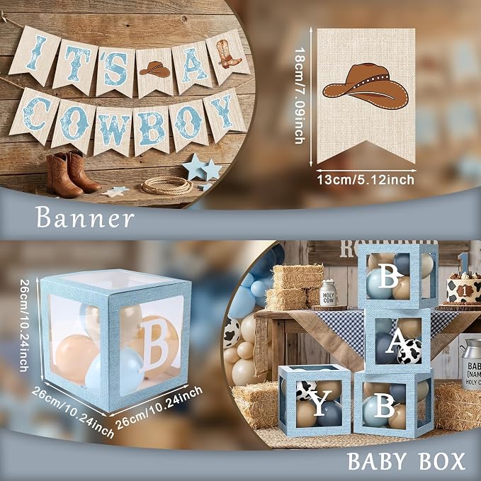Cowboy Baby Shower Decorations for Boy, Blue Brown Balloons Arch Kit Balloon Boxes A Little Cowboy is on the Way Backdrop Banner Tablecloth Cake Topper Sash Corsage for Western Baby Shower Decor