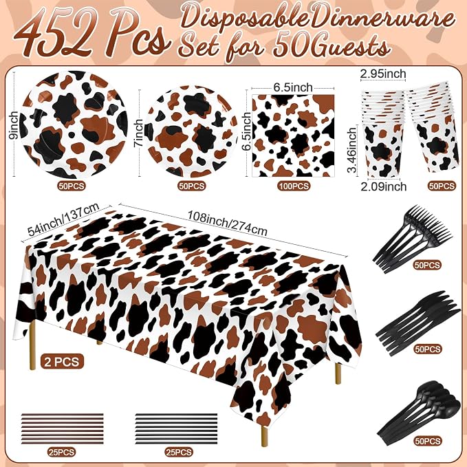 Potchen 452 Pcs Party Supplies Serve 50 Guests, Paper Plates Napkins Cups Cutlery Plastic Tablecloth Dinnerware for Birthday Wedding Party Decoration (Brown, Cow)