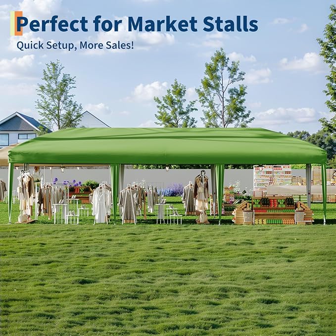 Garvee 10x30FT Pop Up Canopy with Sidewalls, Outdoor Canopy Tent with SandBag & Carry Bag for Commercial Events, Camping, Backyard Parties, Green