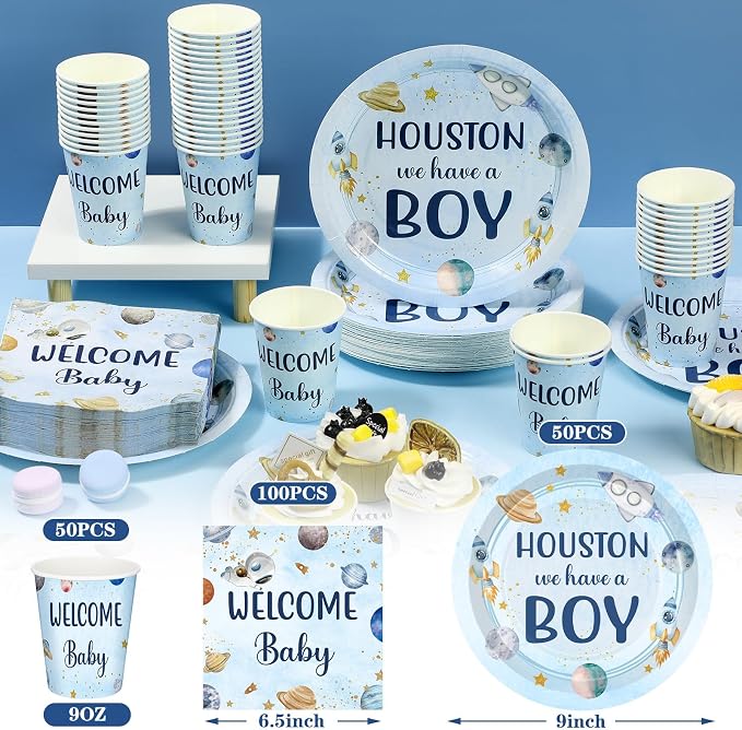 Hushee 200 Pcs Outer Space Baby Shower Paper Plates Napkins Cups Baby Shower Party Supplies Tableware Set Disposable Cup Napkin for 50 Guest Party Decoration