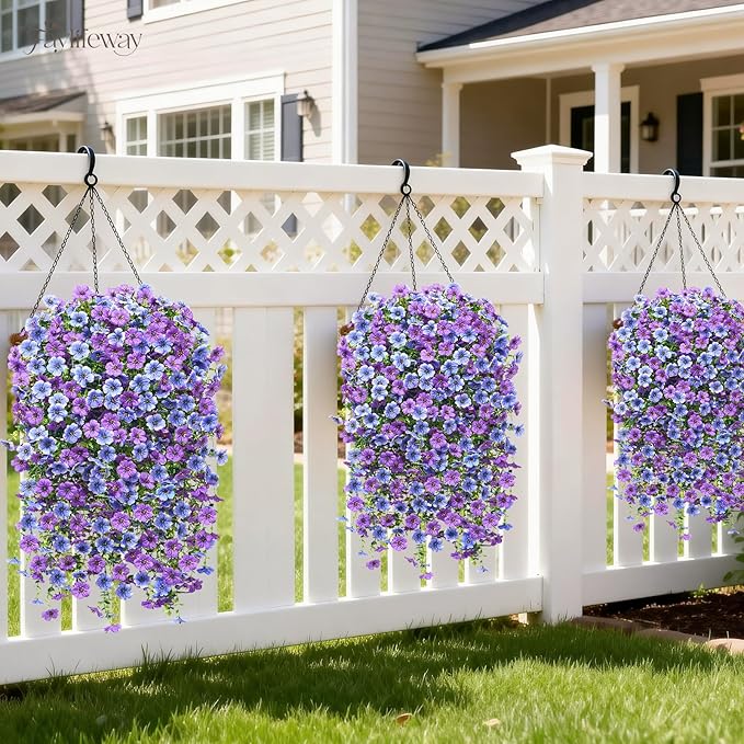 Artificial Hanging Flowers for Outdoors Spring Summer Decoration, 8PCS UV Resistant Silk Fake Hanging Plants for Patio Porch Front Yard Window Garden Indoor Decor(Blue&Purple,8PCS)