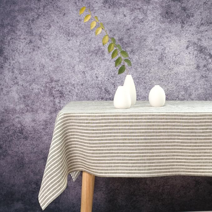 Linen Tablecloth- 60x108 Inch Stripe Pure Linen Green and White Table Cloth for Rectangle Tables, for Winter, Fall, Thanksgiving, Christmas, Easter, Machine Washable