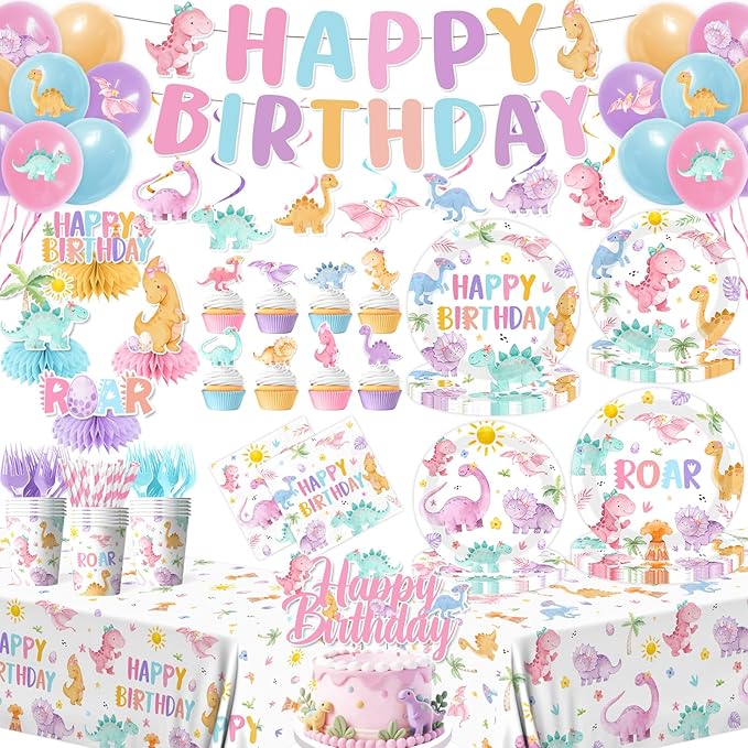 Pink Dinosaur Birthday Decorations for Girls, Pastel Dinosaur Party Decorations with Banner,Plates,Napkins,Cups,Tablecloth,Balloons,Cake Topper for Dino Themed Party Supplies, Serve 24