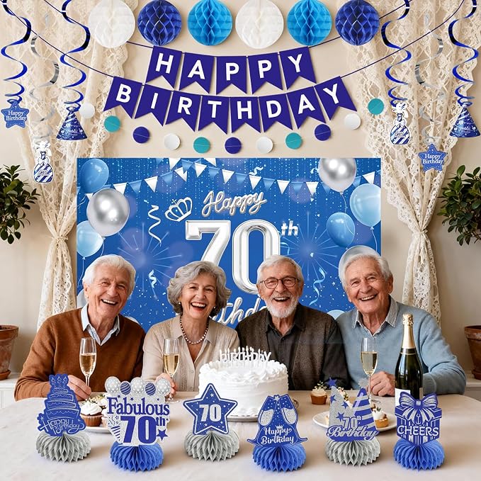Happy 70th Birthday Party Decoration: Including Birthday Banner Backdrop, Party Table Centerpieces and Hanging Swirl Party Streamers, Birthday Decor for Men and Women (Blue, 70th Birthday)