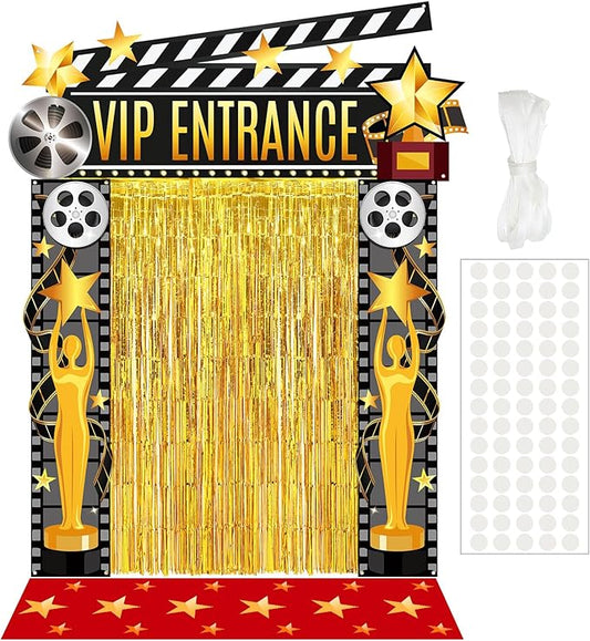 VitalCozy 7 Pcs Movie Night Party Decorations VIP Entrance Banner Red Carpet Gold Fringe Curtains Cinema Party Backdrop Home Theater Theme Welcome Sign for Birthday Halloween Backdrop Entryway Decor