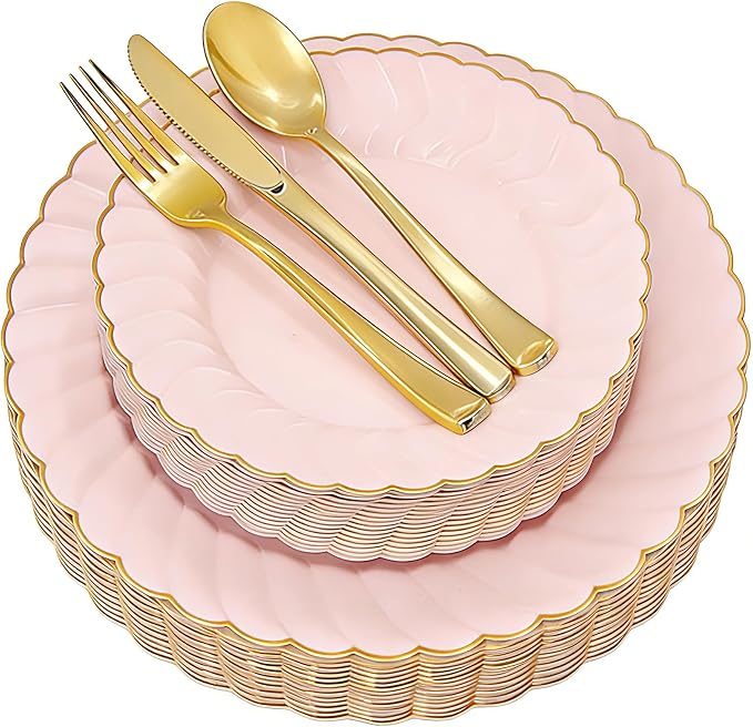 Pink Disposable Plastic Plates 125pcs Scalloped Gold Rim for 25 Guests | Includes 25 Dinner and Dessert Plates 75 Gold Cutlery Elegant Tableware for Wedding Birthday Baby Shower Valentine Parties