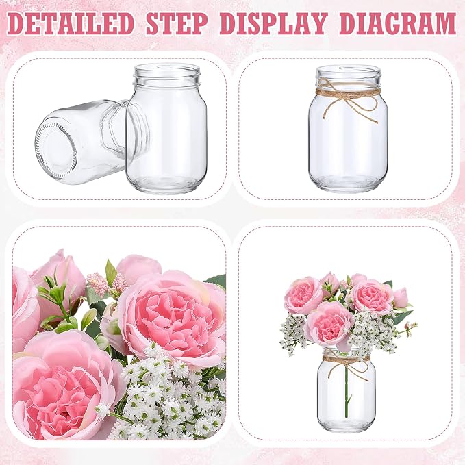 XunYee 10 Set Mason Jar Table Centerpiece with Flower Mason Jar Flower Centerpiece Vases Decor for Engagement Party Bridal Shower Wedding Reception Table Decor(Dark Pink,Peony, Gypsophila)