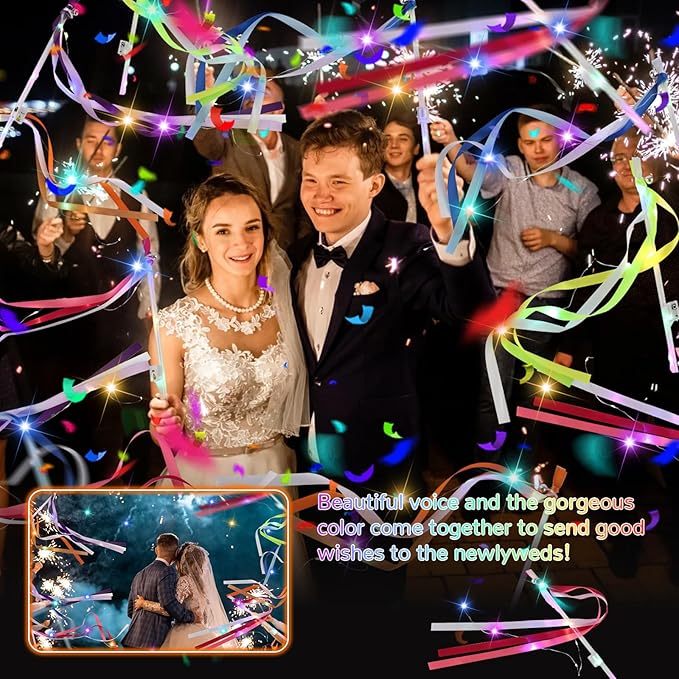 100 PCS Light Up Wands for Wedding, Wedding Favors with 3 Colorful Flashing Modes, Fairy Wands with Colorful ribbons, Lace and Bells for Wedding, New Year, Raves, Concert, Birthday