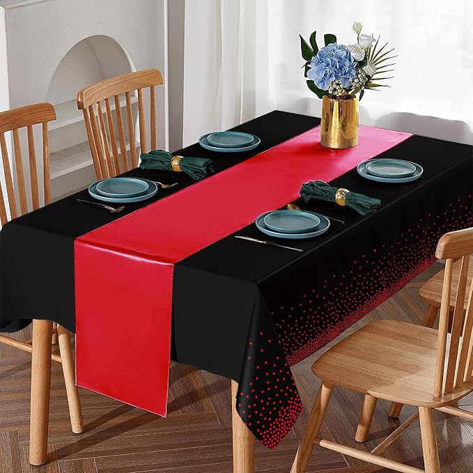 16Pack Disposable Plastic Party Tablecloths and Satin Table Runner Set Black and Red Dot Table Cloth Red Satin Table Runner for Wedding Birthday Baby Shower Anniversary Holiday Party Decorations