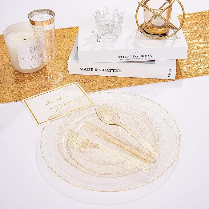 WDF 360 Gold Plastic Silverware - Disposable Gold Glitter Cutlery - Plastic Silverware inluding 120Forks, 120 Spoons, 120 Knives for Wedding Baby Shower Spring Birthday