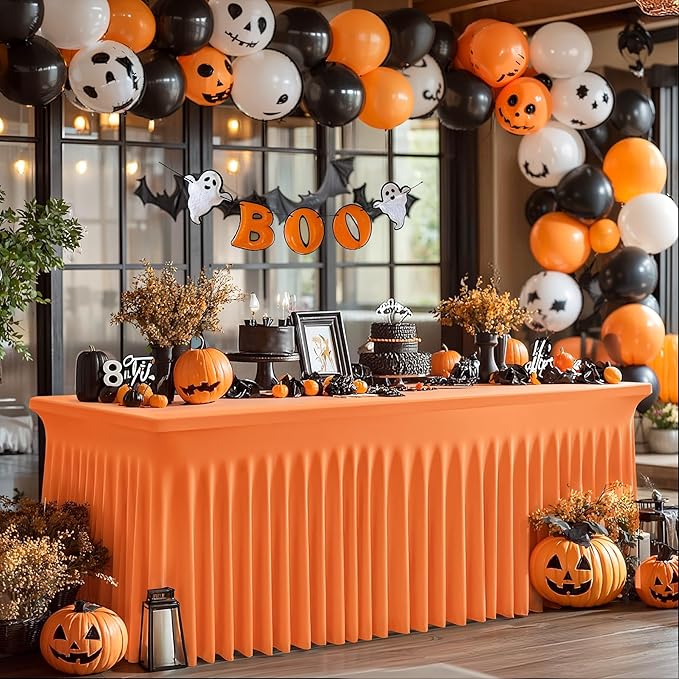 2 Packs Orange Table Clothes for 6 Foot Rectangle Tables, One-Piece Wrinkle Resistant Stretch Spandex Table Covers with Skirt for Event Banquet Wedding Birthday Party