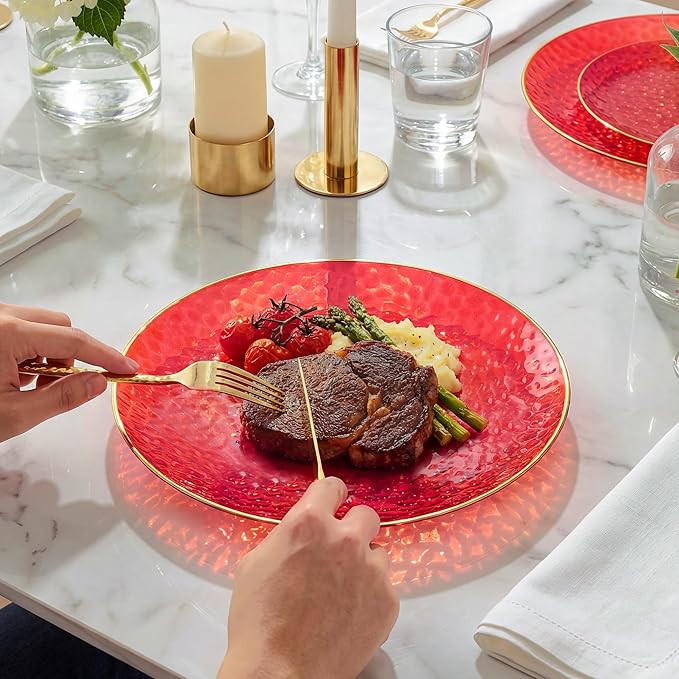 I00000 150Pcs Red Plastic Plates with Gold Rim,Fancy Plastic Plates,Red hammer patterned Disposable plates Set include 30 Dinner Plate,30 Dessert Plate,90 plastic Silverware Set for Valentine's Day